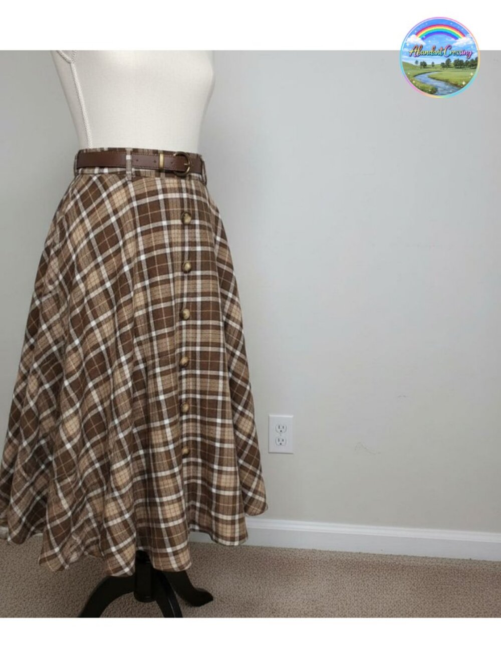 Plaid A-Line Midi Skirt Vintage Pleated Flared with Pockets Belt Women